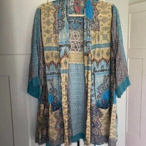 Johnny Was Kimono Rayon Blue Cream Long Paisley Cardigan Small